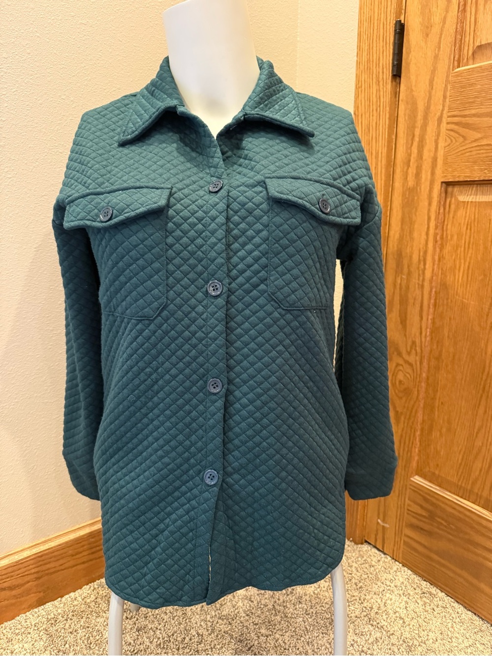 Quilted Teal Button-Down Shirt Jacket